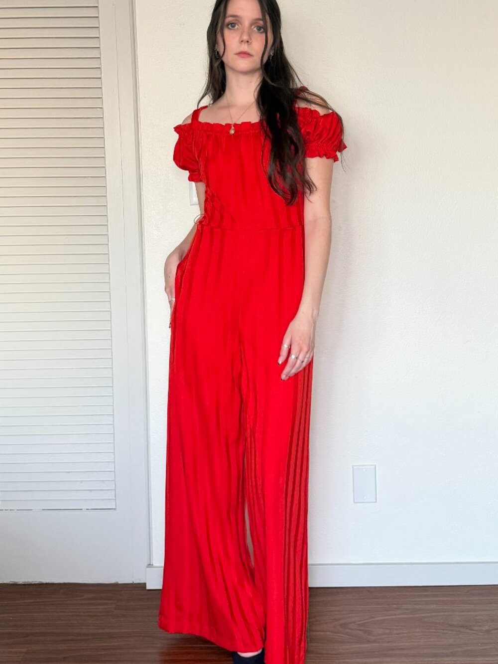 70s Off Shoulder Jumpsuit (S) small red vintage womens wide leg maxi boho hippie